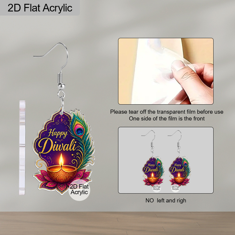 Indian Peacock Feather Diya & Lotus Acrylic Dangle Earrings